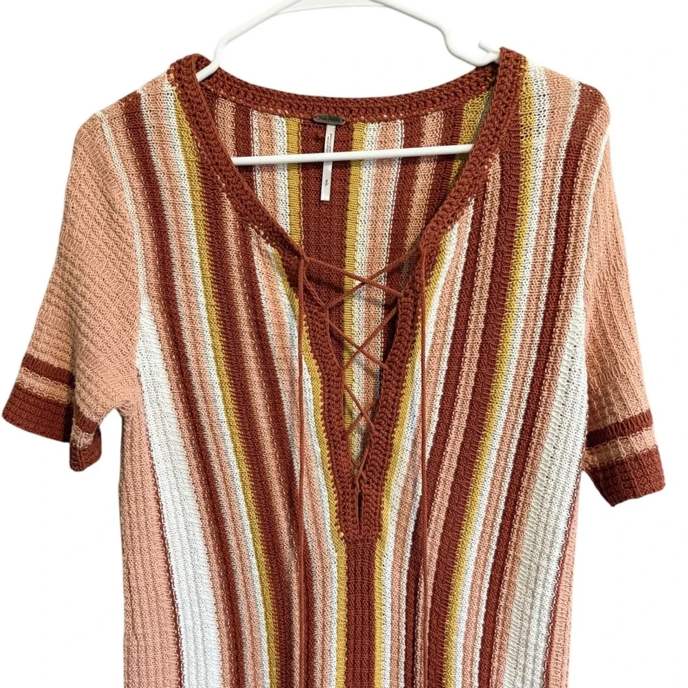 Free People Lollypop‎ Crochet Mini Dress SZ S Striped Retro Bohemian Sunset 70's